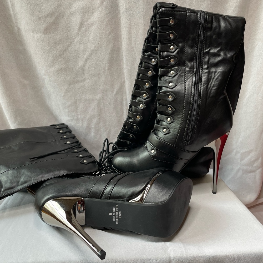 SOLD Black Leather Stiletto Heels Boots Size 9